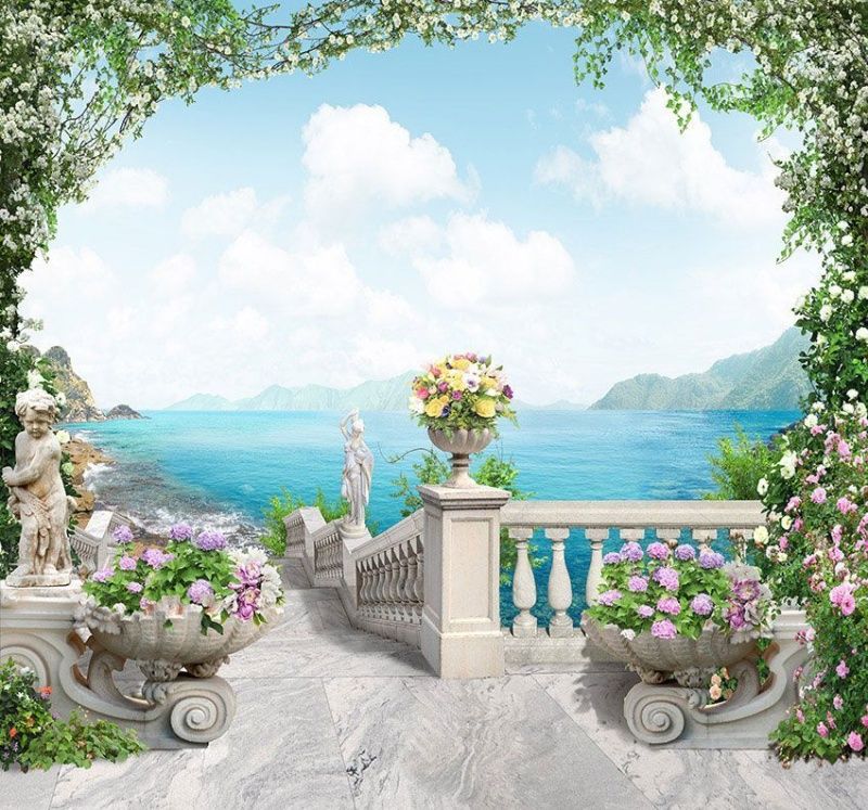 Фреска Белая мраморная лестница с вазонами