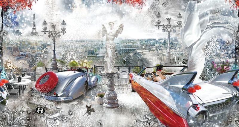 Фреска Панно-фотообои девушка в машине кабриолете на фоне Эйфелевой башни