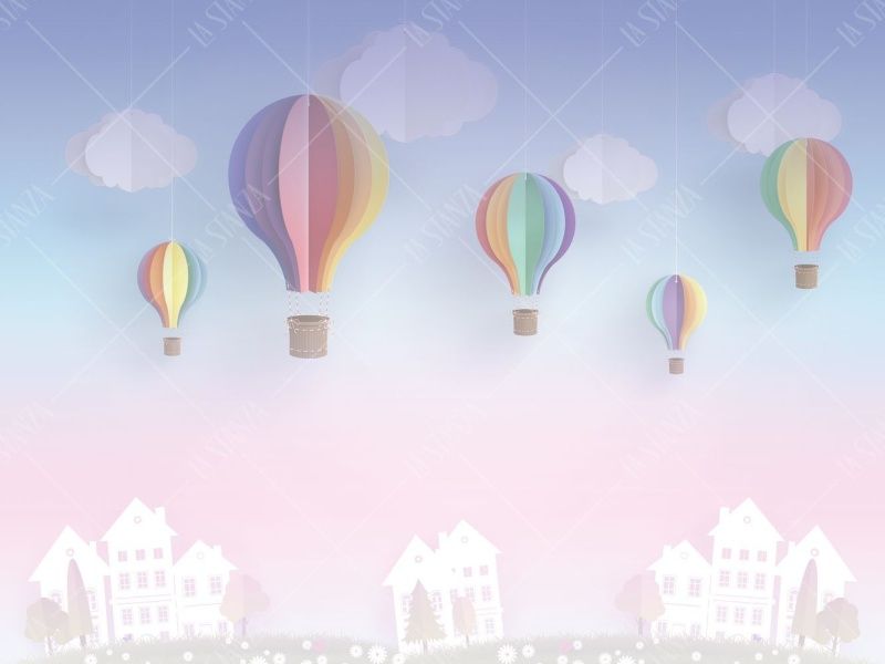 Фреска Туман, облака, воздушные шары и домики