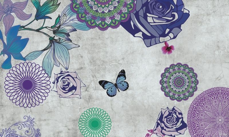 Цветы и бабочки на бетонном фоне Art.30264