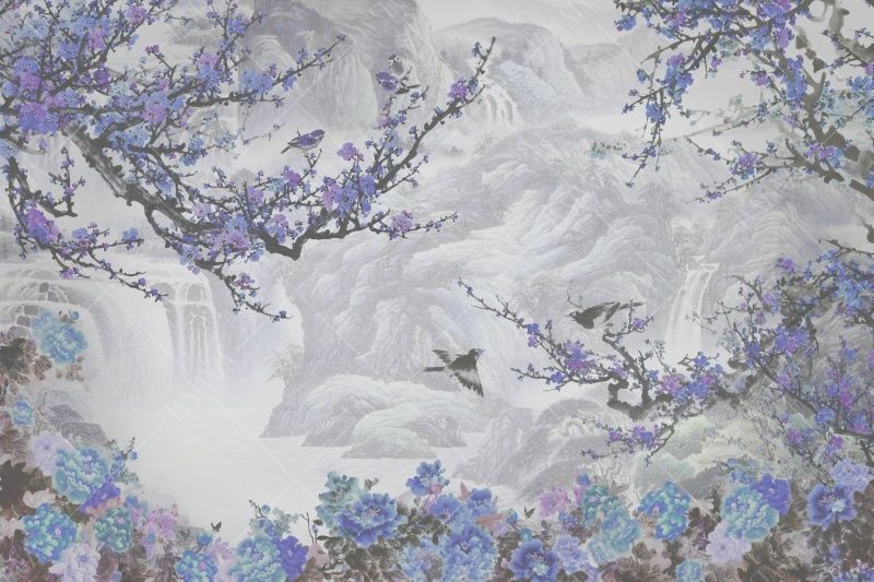 Фреска Серо-сиреневое панно в японском стиле, сакура