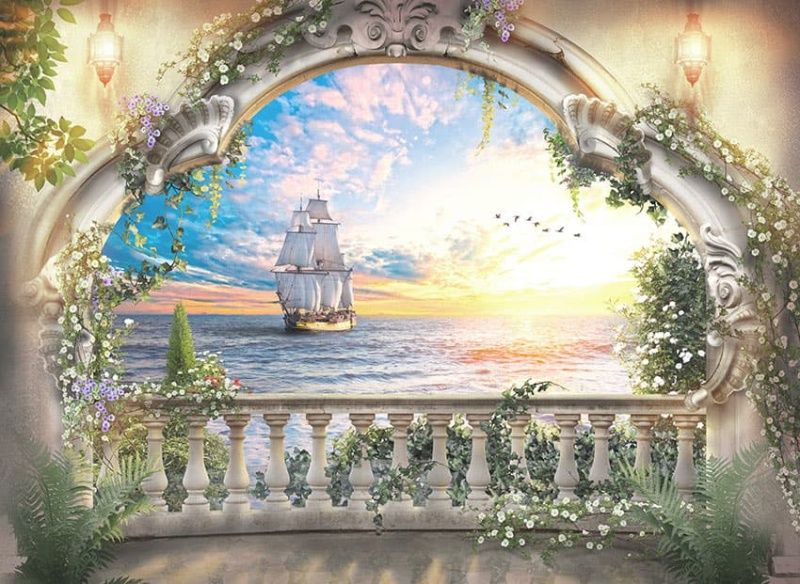 Фреска Необычная арка с видом на закат с парусником