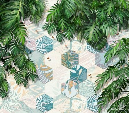 Фреска Монстера на фоне плитки гексагон