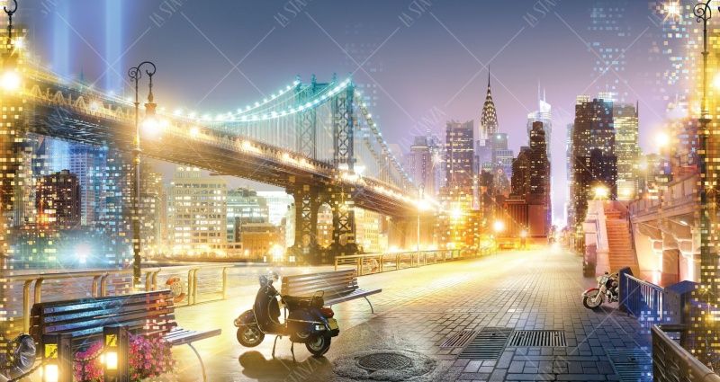 Фреска Манхэттен бридж и набережная