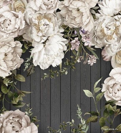 Фреска Деревянная стена с белыми пионами