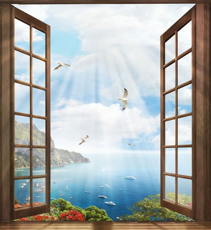 Фреска Деревянное окно с видом на залив
