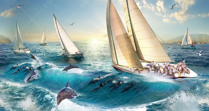 Фреска Морские волны, парусные лодки и дельфины