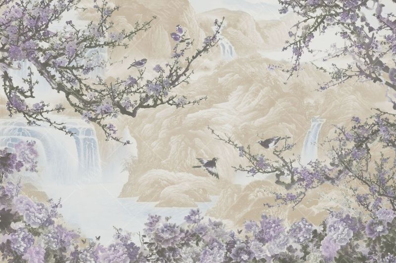 Фреска Бежево-сиреневое японское панно, сакура