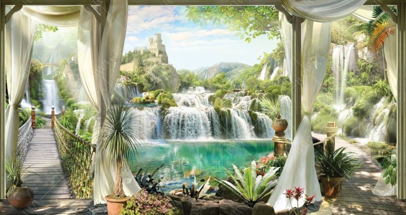 Фреска Терраса со шторами и цветами, подвесные мостики и водопады