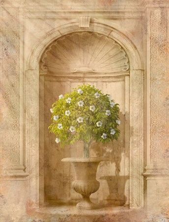 Фреска Дерево с белыми цветочками на фоне арки