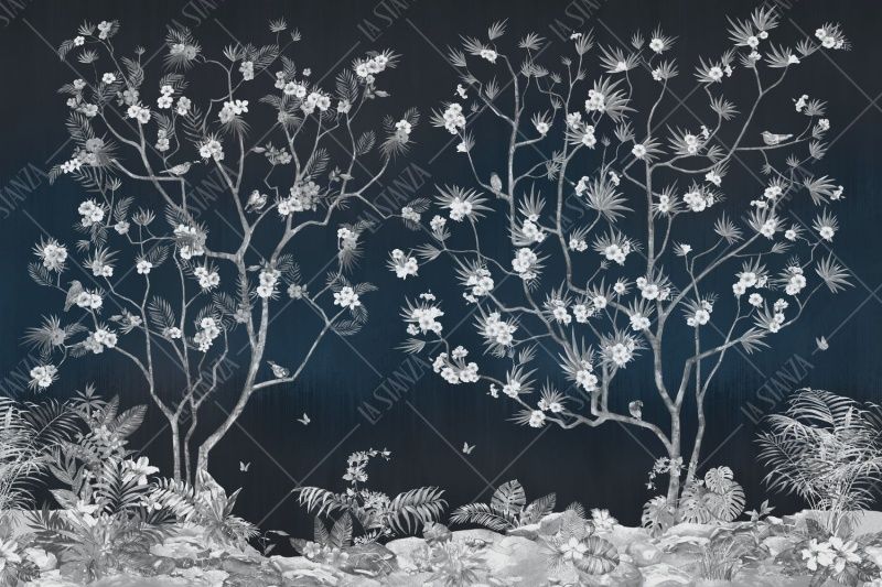 Фреска Черно-белое панно деревья в цвету и птицы, стиль Шинуазри