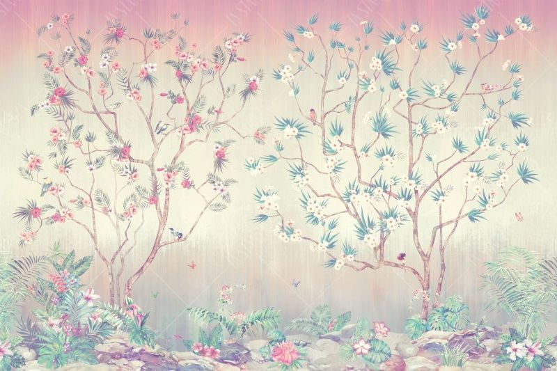 Фреска Розовое панно деревья в цвету и птицы в стиле Шинуазри