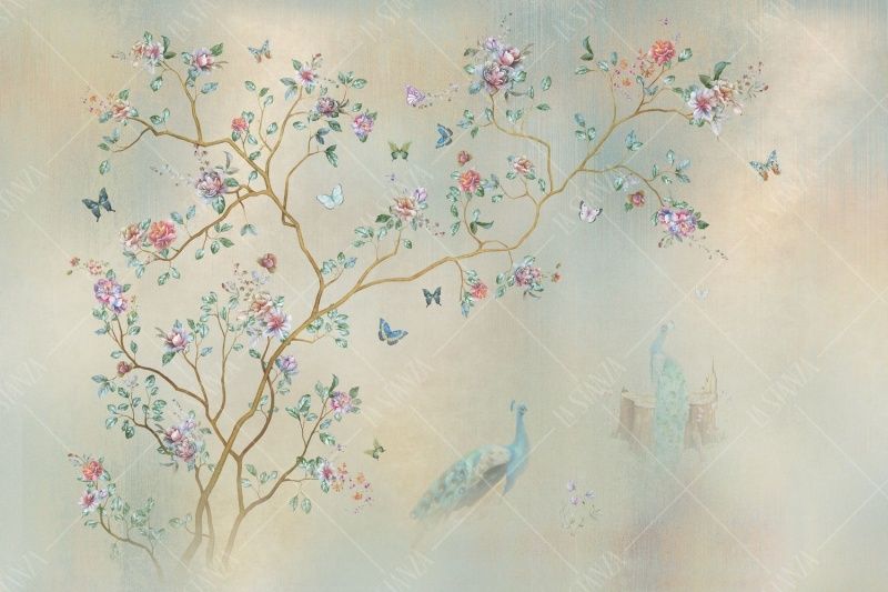 Фреска Бежевое панно Дерево и павлины в стиле шинуазри
