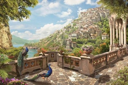 Фреска Резной парапет с павлинами