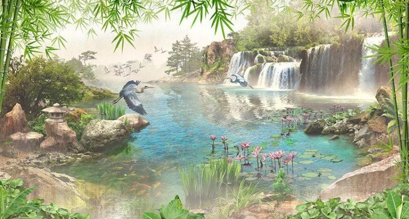 Фреска Заросший пруд с журавлями