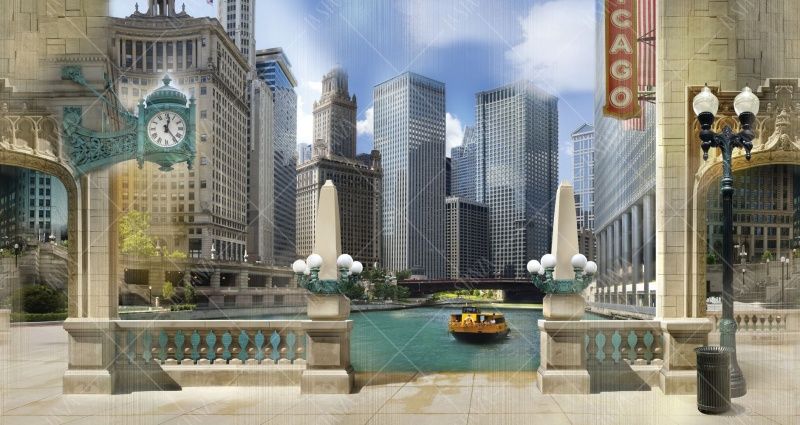 Фреска Городские мотивы Чикаго: часы, набережная, канал, небоскребы